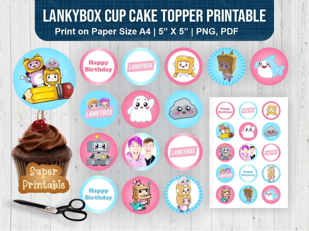 Lankybox Cup Cake Topper Printable A4 and PNG