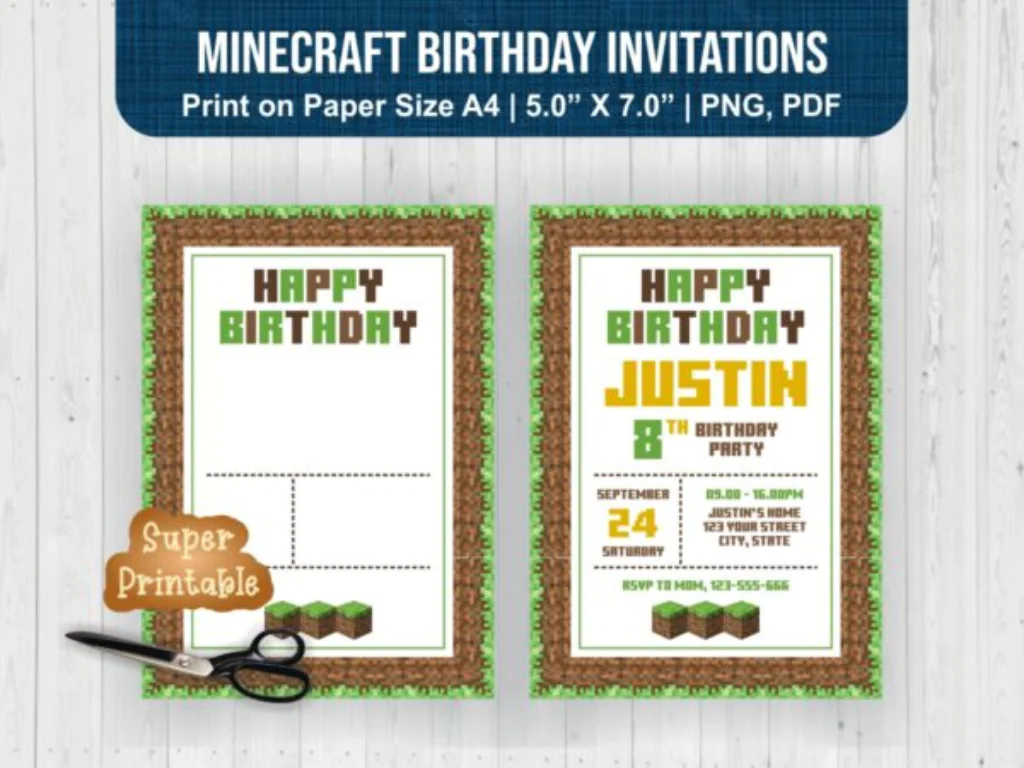 Minecraft Birthday Invitations Printable PDF