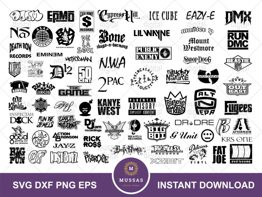 72 Hip-Hop Logos SVG Bundle, Rap Symbol Vector, Logo Music 90s